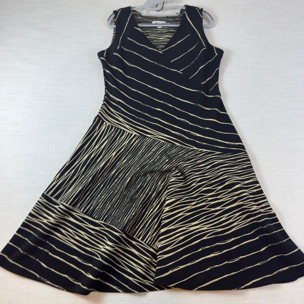 Dressbarn Dress Womens 12 Black Beige Geometric V Neck Sleeveless A Line